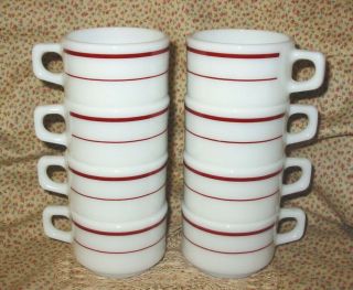 Vtg 8 Pyrex 100 Ruby Red Stripe Stacking Squat Cups Restaurant Tableware