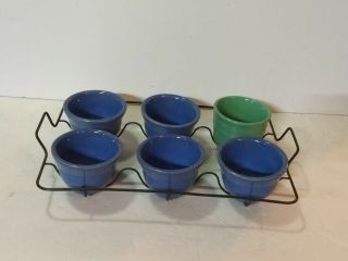 Vintage Glasbake Rack With Custard Cups Blue And Green Bowls