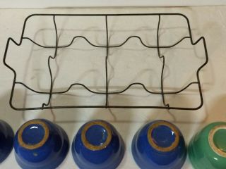 VINTAGE GLASBAKE RACK WITH CUSTARD CUPS BLUE AND GREEN BOWLS 2