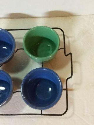 VINTAGE GLASBAKE RACK WITH CUSTARD CUPS BLUE AND GREEN BOWLS 3