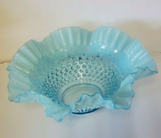 Vintage Fenton Carnival Art Glass Blue Opalescent Hobnail Crimped 10 1/4 " Bowl