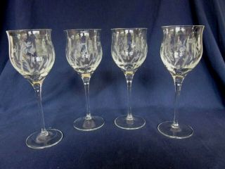 Set Of 4 Vintage Etched Crystal Wine Goblets Daffodil Flower Design