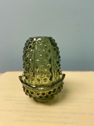 Vintage Fenton Hobnail Glass Olive Green Fairy Lamp Light Candle Holder
