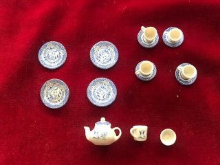Dollhouse Avon Miniatures Pottery D&K Brown Blue Willow Tea Set Complete 1:12 2