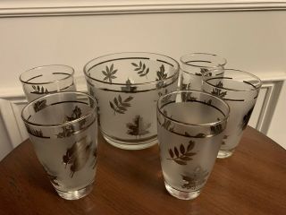 Vintage Libby Frosted Silver Leaf Ice Bucket & 5 Glasses