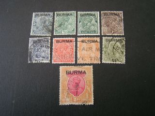 Burma,  Scott 1 - 6 (6),  8/9 (2),  14 (9) 1937 Kgv Definitive Iss Ovpt Burma