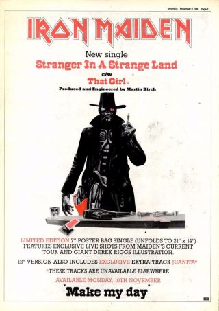 8/11/86pg11 Single Advert 15x10 " Iron Maiden,  Stranger In A Strange Land