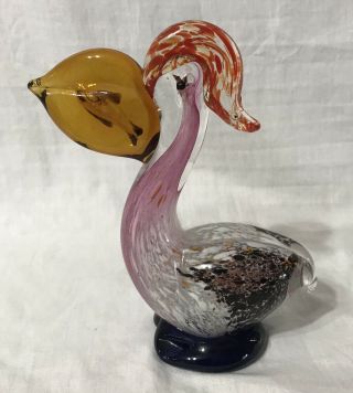 Mid Century Modern Murano Hand Blown Art Glass Pelican Bird Fish In Mouth