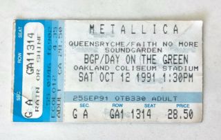 1991 Metallica Queensryche Soundgarden Faith No More Day On The Green Ticket