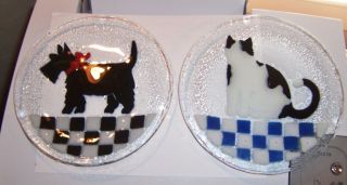 Deco Scottie Dog And Cat Fused Glass Art Plate 8 In Black And White Pair
