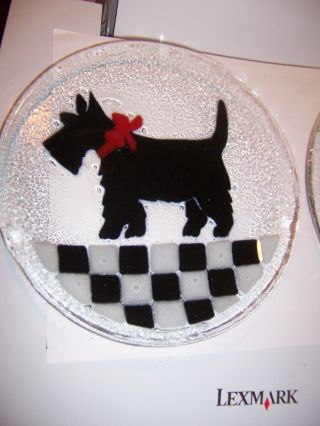 Deco scottie dog and cat fused glass art plate 8 in Black and White Pair 2