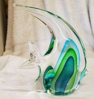Hand Blown Art Glass Angel Fish Paperweight,  Blue & Green Murano Style,  7 1/2 "