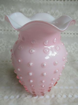 Vintage Fenton 7 " Tall Baby Pink & White Cased Glass Hobnail Vase