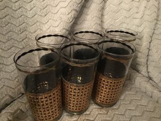 Vintage Culver Cursive Signature Black Gold Basket Weave Highball Glasses Set 6