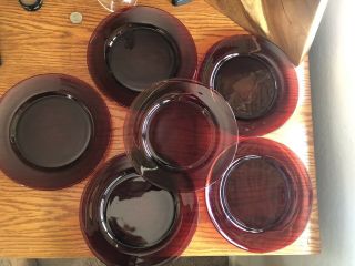 Six (6) Vintage Royal Ruby Red Anchor Hocking Glass Salad Plates 8”
