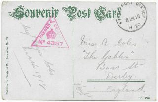 1918 Field Post Office H20 Jerusalem Palestine Ww1 Jericho Ppc - Derby Gb