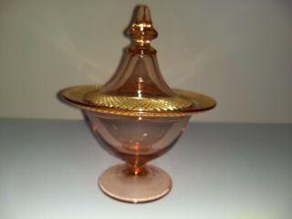 Pink Depression Glass Candy Dish With Gold Crosshatching On Rim With Lid
