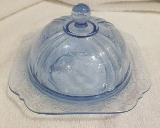 Federal Glass Covered Butter Dish Blue Madrid Depression Glass