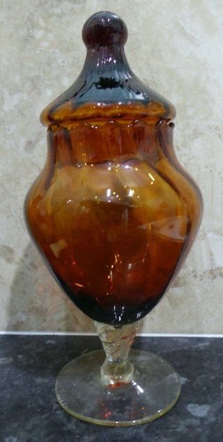 Vintage Empoli Art Glass Amber Mid Century Lidded Vase / Bonbon Dish
