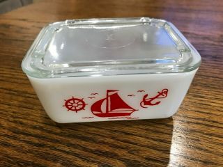 Vintage Mckee Red Sailboat Refrigerator Dish With Lid 4 " X 5 "