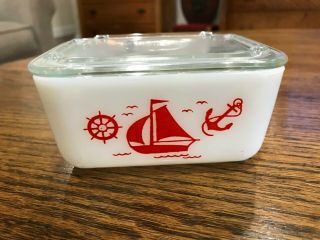 VINTAGE MCKEE RED SAILBOAT REFRIGERATOR DISH WITH LID 4 