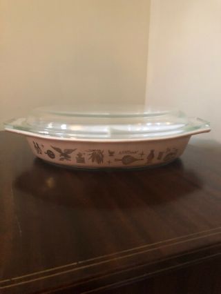 Pyrex Brown And Gold Federal Eagle W/ Lid Divided Bowl Vintage