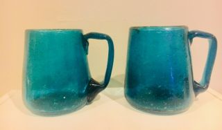 2 Vintage Glass Tankard Blue Hand Blown (b)