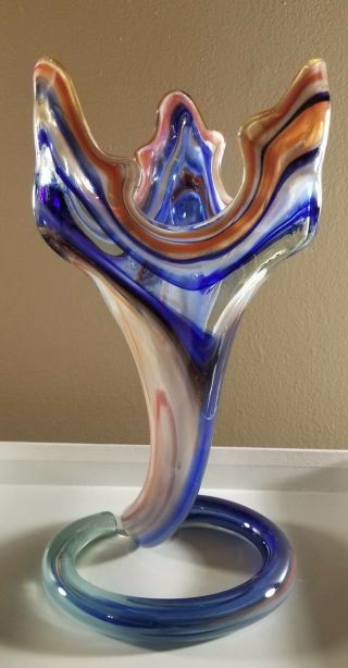 Vintage Murano Handblown Glass Trumpet Vase Orange Blue And White
