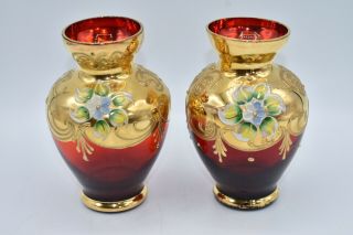 Vintage Bohemian Glass Small Vase Ruby Red Gold Guilt Flowers 4.  25”