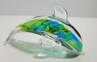 Murano Style Glass Dolphin Hand Blown Figurine Blue,  Green,  Yellow Swirls