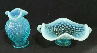 Vintage Hobnail Blue Milk Glass Mini Vase And Basket 3 " - 5 " (b22/08)