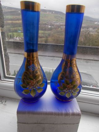 A Murano Cobalt Blue Enameled Gilt Glass Bud Vases