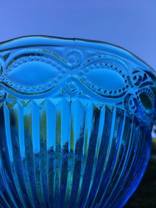 Vintage Electric Blue Eyewinker With Ribs Pressed Glass 7 Inch Bowl