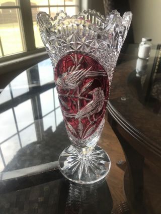 Hofbauer Byrdes German Lead Crystal Red Bird Vase 10.  25 "