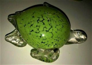 Vintage Blown Glass Paperweight Murano Style Sea Turtle Clear Green Black Yellow