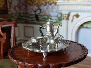 Dollhouse Miniature Artisan Eugene Kupjack Sterling Silver Tea Set Signed 1:12