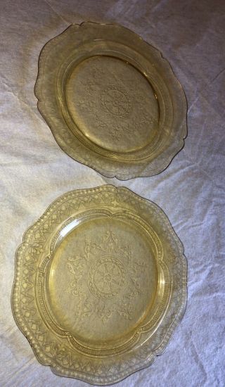 2 Federal Patrician Spoke Amber Yellow Depression Glass Dinner Plates 11 "