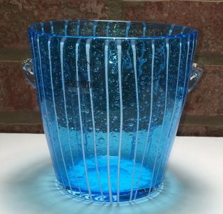 Venini For Disaronno Hand Blown Glass Ice Bucket Pale Blue With Sticker 5” Tall