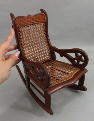 19thc Antique Victorian Folk Art Miniature Carved Stars Walnut Dolls Chair Nr