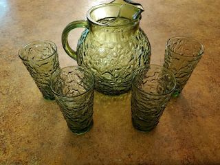 Vintage Anchor Hocking Milano 5 Piece Set Pitcher And Tumblers - Avocado Green