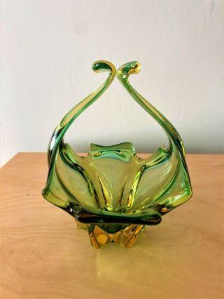 Rare Collectable Vintage Retro Murano Glass Basket Bowl / Vase Green Yellow