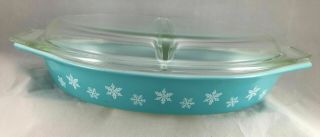 Vintage Pyrex Turquoise Snowflake Divided Casserole Dish W/ Lid 1.  5 Quart -