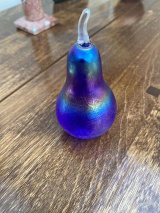 John Ditchfield Glasform Art Glass Iridescent Small Blue Pear With Lable Dam