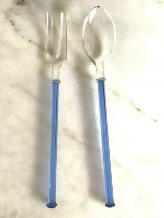 Depression Glass Spoon & Fork Salad Set With Blue 6 Sided Ribbed Handles