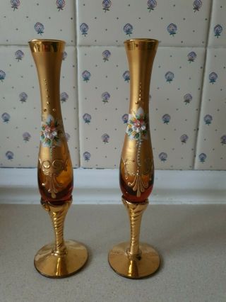 Vintage Bohemian Glass Bud Vases With Enamel Flower Decoration