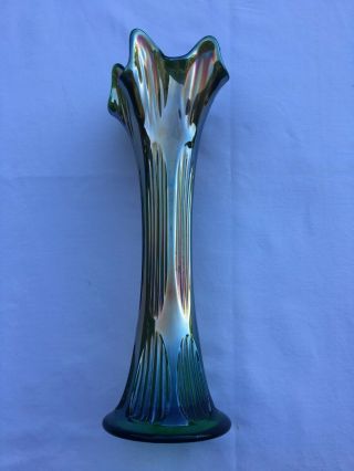 Fenton Carnival Glass Diamond And Rib 11 ½” Vase Green