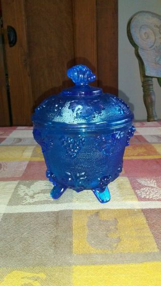 Vintage Jeanette Blue Pressed Glass Grape Pattern Footed Candy Dish W Lid 5 3/4 "