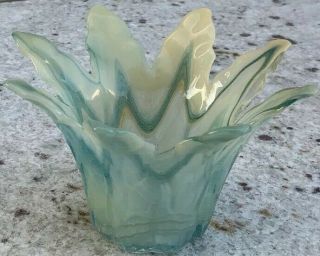 Vintage Murano Blown Glass Tomarro Art Glass Teal Cream Dish Bowl Centerpiece