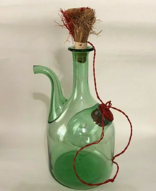 Vintage Hand Blown Italy Green Glass Wine Bottle Decanter Ice Chamber Stopper