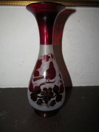 Antique Bohemian Hand Blown Glass Vase With Bird Frosted/ruby Stained